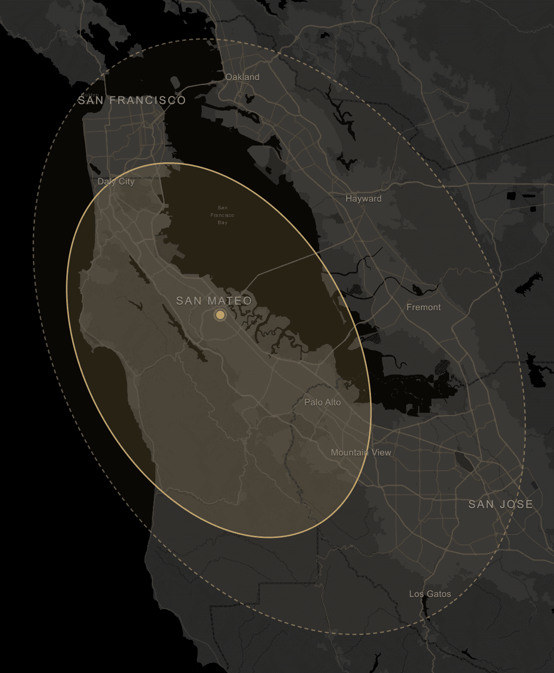 Map of the San Francisco Bay Area showing primary and secondary mobile notary coverage zones from San Mateo